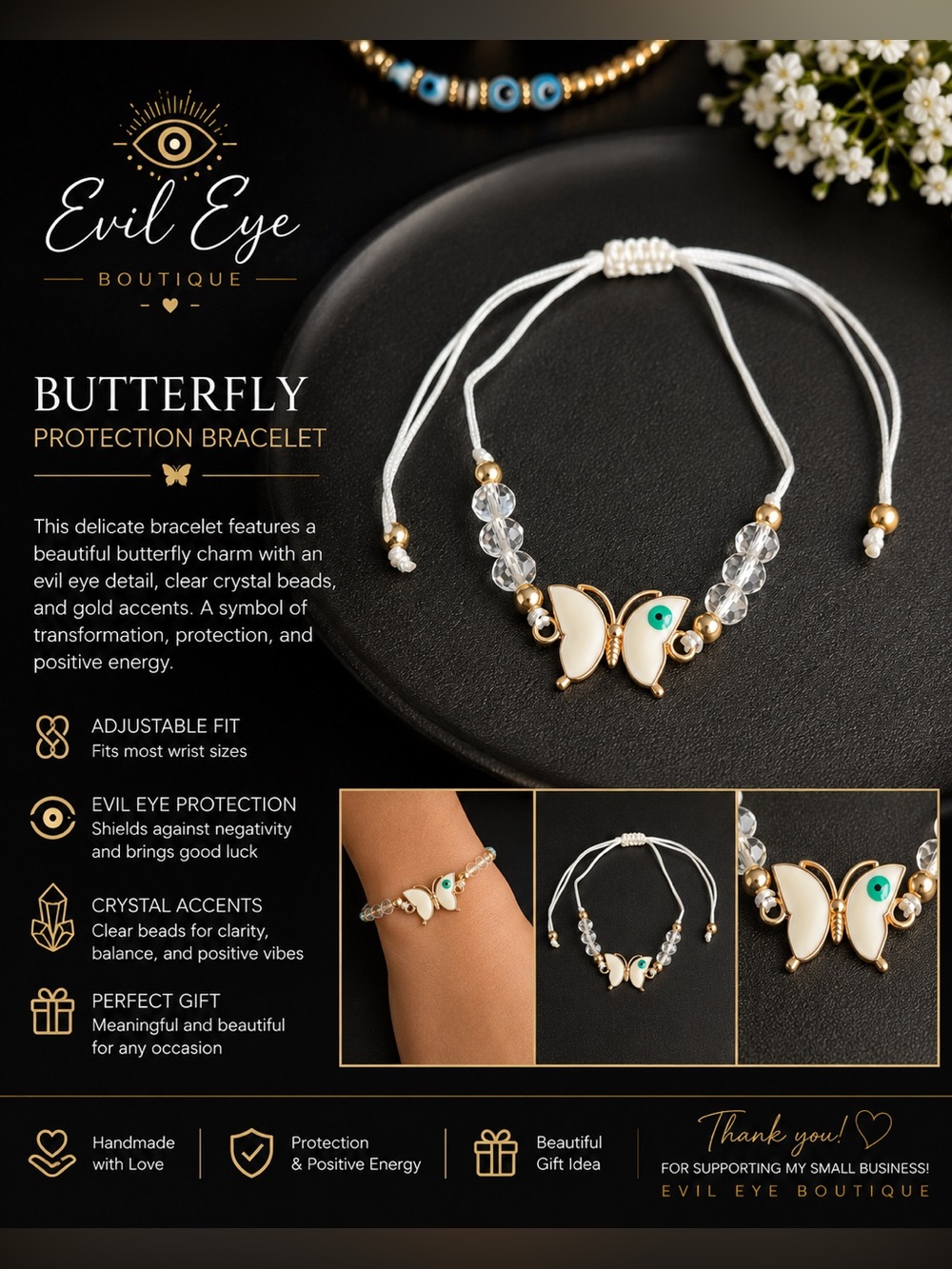 White Butterfly Protection Bracelet with Gold Accents